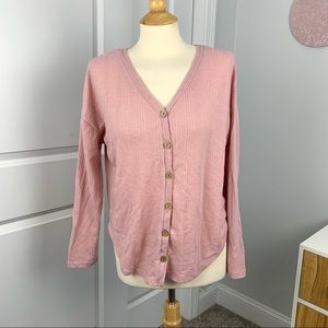 NEW Pink Rose Size Medium Long Sleeve Cozy Tee, Faux Buttons, Ditsy Dream Pink